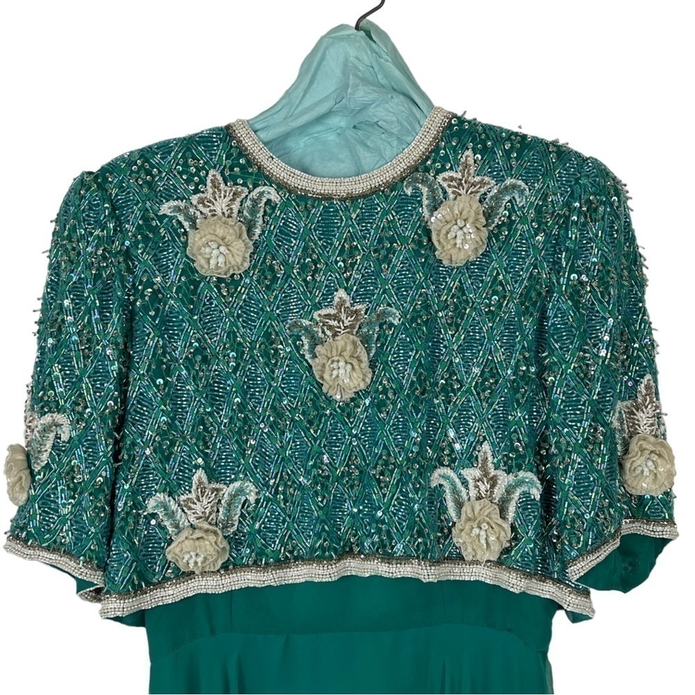 VINTAGE RICHILENE 70S SILK CHIFFON BEAD EMBELLISHED AQUA FORMAL EVENING GOWN - Picture 6 of 16